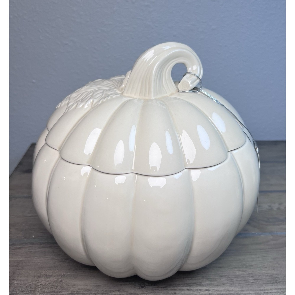 2009 Harry Slatkin Bath & Body White Ceramic Fall Pumpkin Cookie Jar Candy Dish - Picture 8 of 12